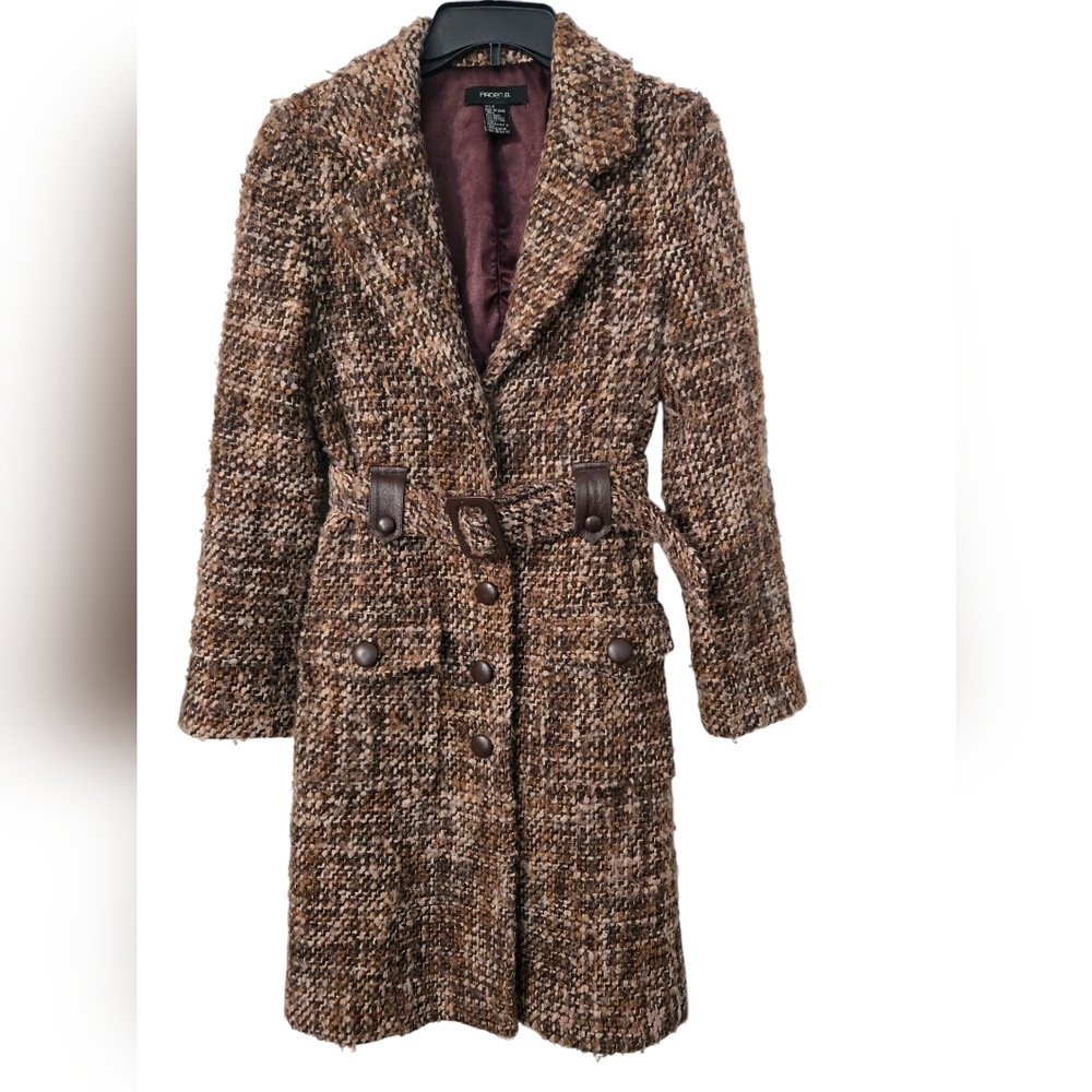 Arden B Brown Wool-Blend Trench Coat with Textured Fabric